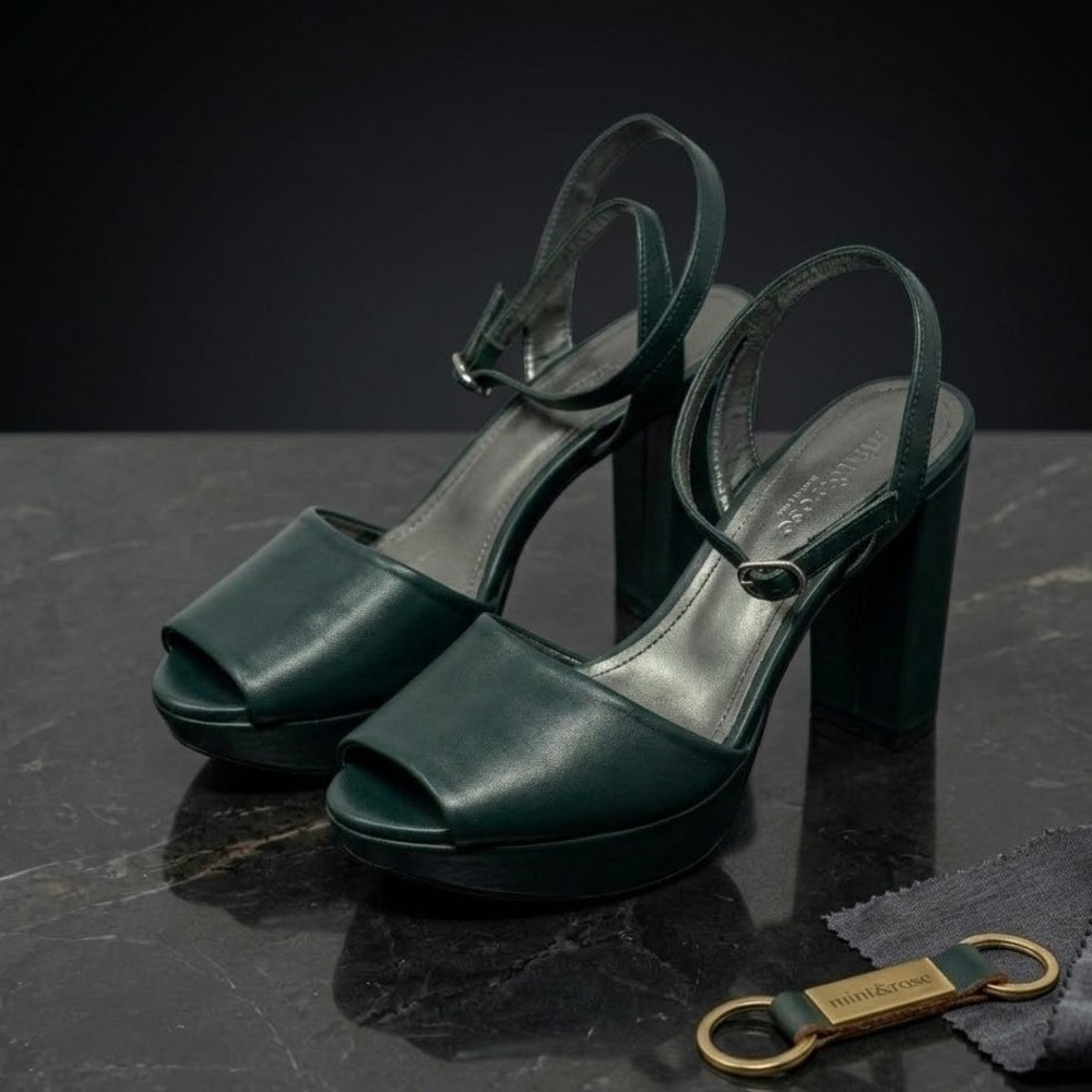 mint&rose Women's Size 40 Green Leather Block Heel Ankle Strap Sandals Spain